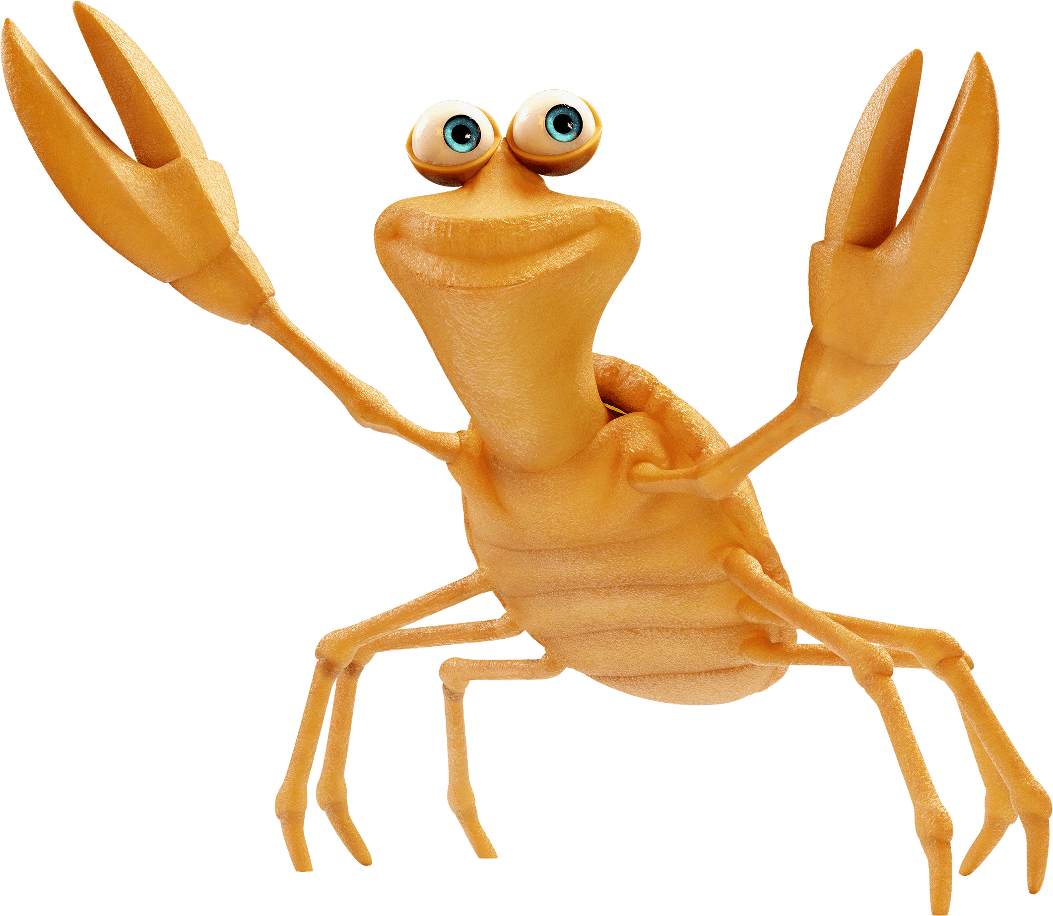 Cartoonartige hellorange Krabbe mit großen erhobenen Scheren auf weißem Hintergrund